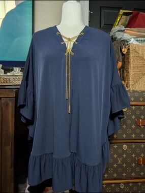 Michael Kors Navy Ruffle-Sleeve Tunic with Gold Chain Detail